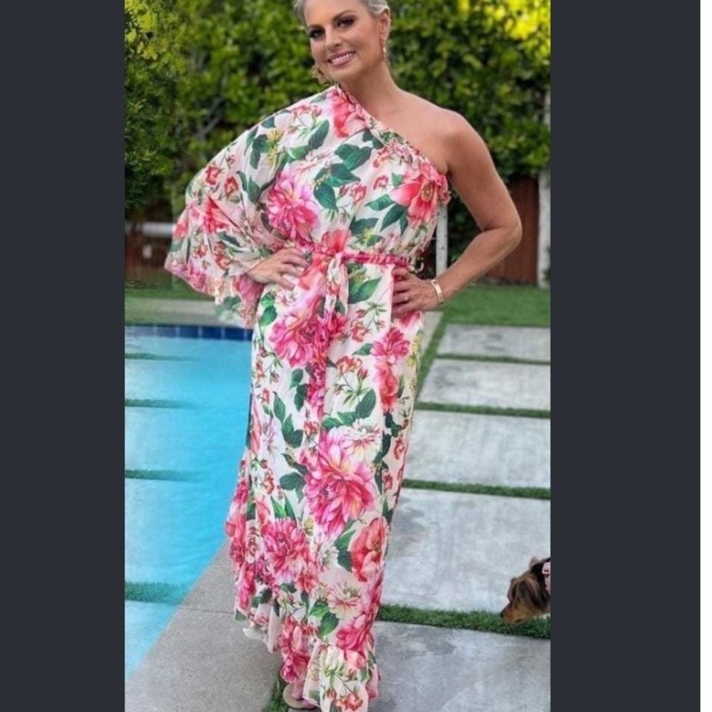Dalia MacPhee One Shoulder Ruffle Floral Maxi Dress Pink Multi Belted Silky M